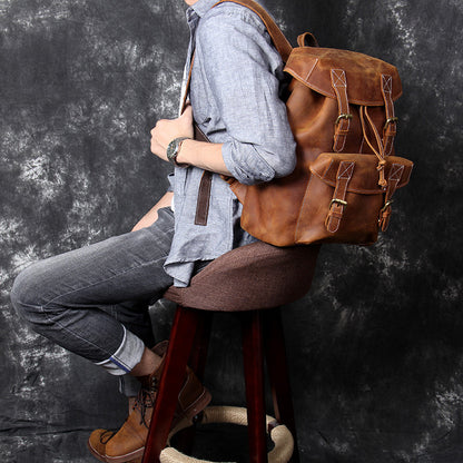 2025-Handmade First-Layer Cowhide Leather Backpack - Retro Style with Large Capacity
