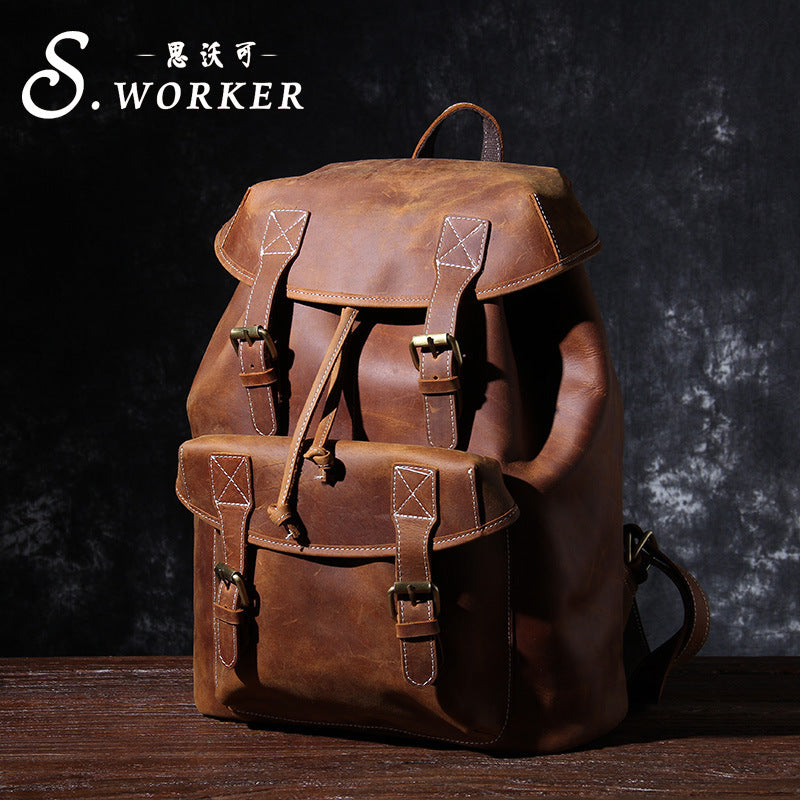 2025-Handmade First-Layer Cowhide Leather Backpack - Retro Style with Large Capacity