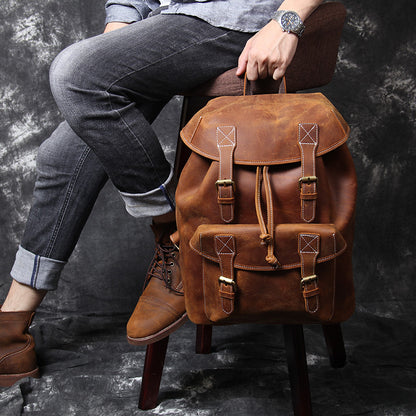 2025-Handmade First-Layer Cowhide Leather Backpack - Retro Style with Large Capacity