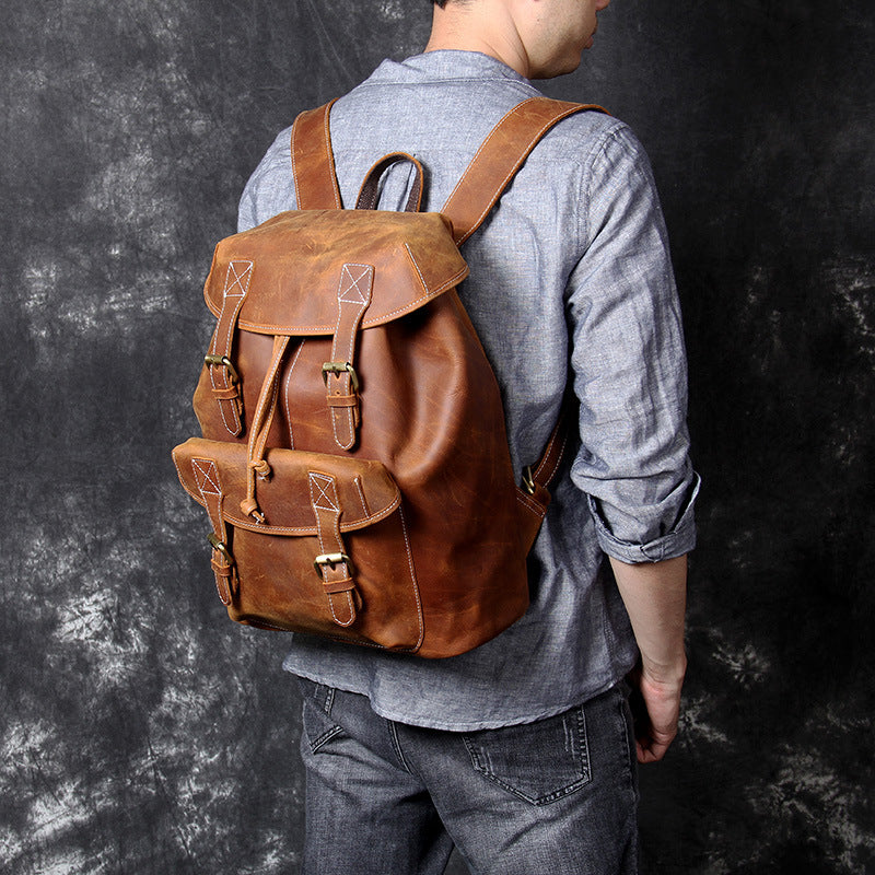 2025-Handmade First-Layer Cowhide Leather Backpack - Retro Style with Large Capacity