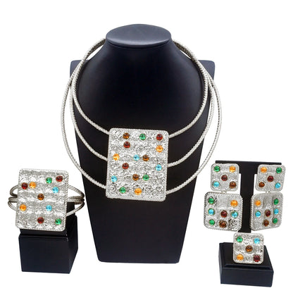 Women Jewelry Set Brazil Gold Plated Pure Copper Material Artificial Gemstone Luxury Necklace Bracelet Ring  Nigeria Jewelr