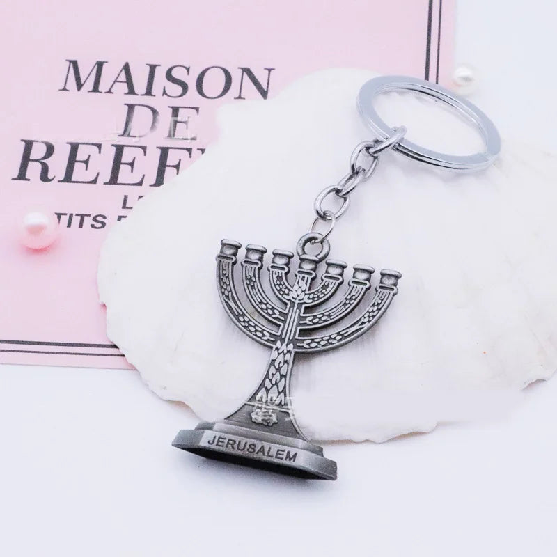 Vintage Metal Candlestick Keychains Judaism Menorah Trinket Jewelry Jerusalem Gift