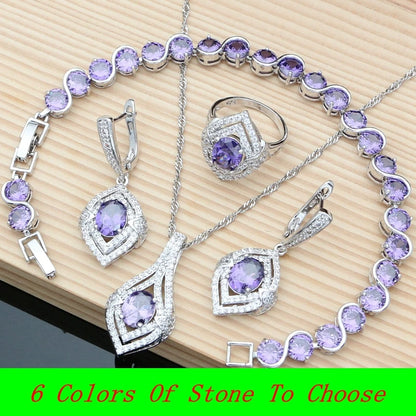 925 Silver Jewelry Natural Purple Amethyst White Topaz Jewelry Sets Earrings Necklace Sets for Women Ruby Birthstone Jewellry
