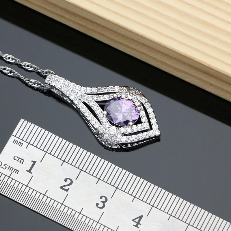 925 Silver Jewelry Natural Purple Amethyst White Topaz Jewelry Sets Earrings Necklace Sets for Women Ruby Birthstone Jewellry