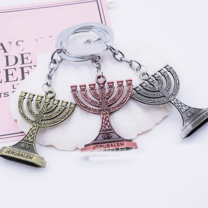 Vintage Metal Candlestick Keychains Judaism Menorah Trinket Jewelry Jerusalem Gift