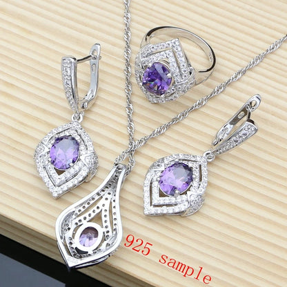 925 Silver Jewelry Natural Purple Amethyst White Topaz Jewelry Sets Earrings Necklace Sets for Women Ruby Birthstone Jewellry