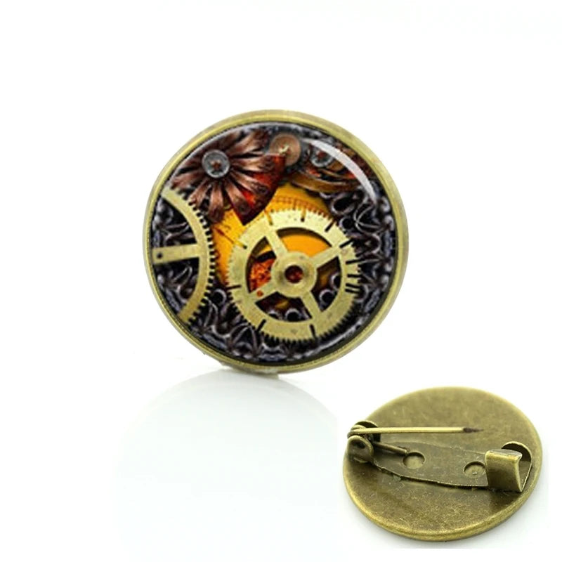 TAFREE Steampunk jewelry Vintage Egyptian Brooches pins Glass cabochon clock gears pin Fashion mandala Christmas gift C172