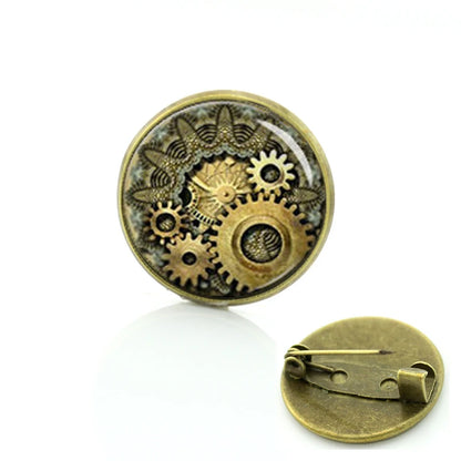TAFREE Steampunk jewelry Vintage Egyptian Brooches pins Glass cabochon clock gears pin Fashion mandala Christmas gift C172