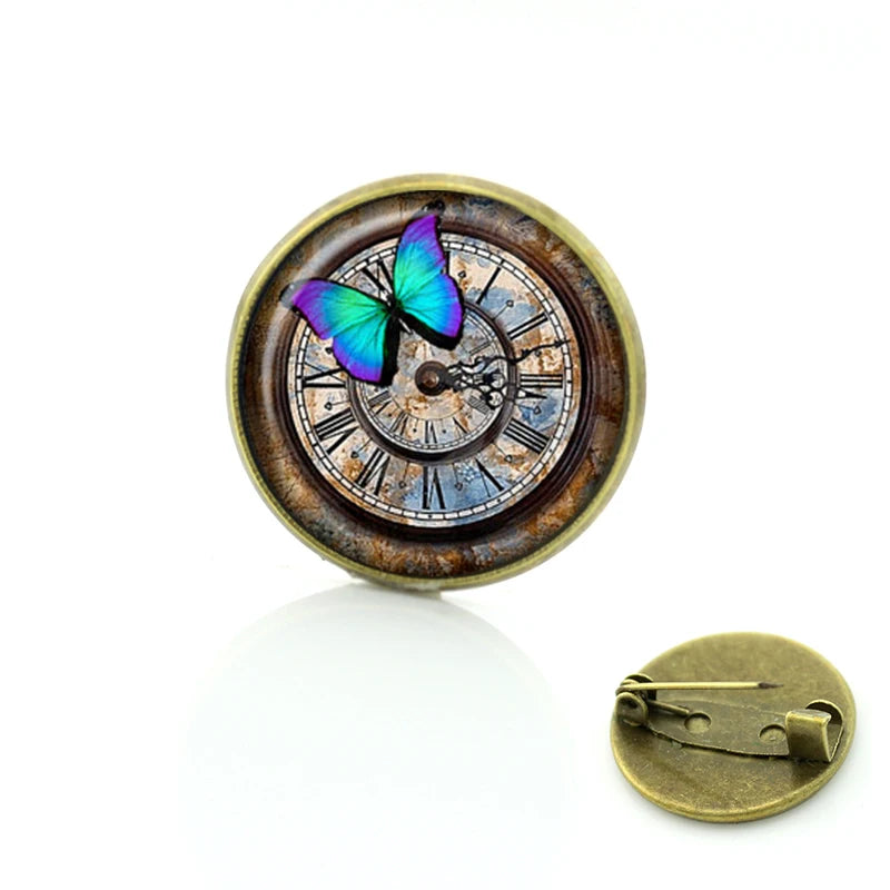 TAFREE Steampunk jewelry Vintage Egyptian Brooches pins Glass cabochon clock gears pin Fashion mandala Christmas gift C172