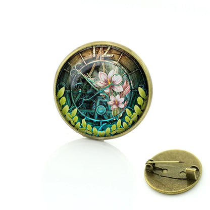 TAFREE Steampunk jewelry Vintage Egyptian Brooches pins Glass cabochon clock gears pin Fashion mandala Christmas gift C172