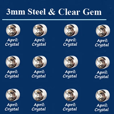 12 Pairs/Card Surgical Steel CZ Gem Birthstone Tragus Cartilage Earring Ear Stud Used In Piercing Gun steel & Gold Jewelry