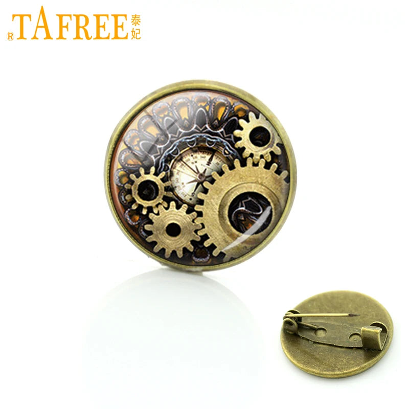 TAFREE Steampunk jewelry Vintage Egyptian Brooches pins Glass cabochon clock gears pin Fashion mandala Christmas gift C172