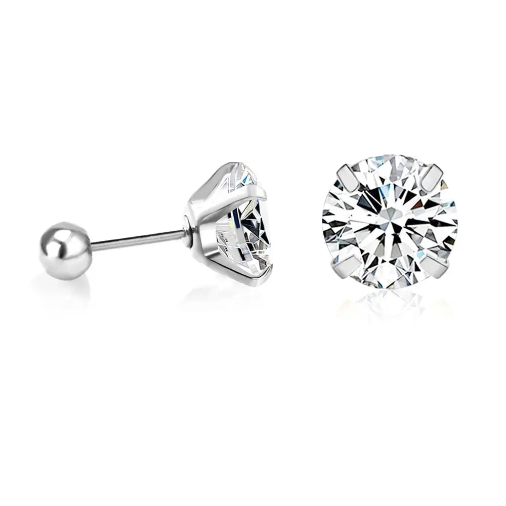 LUXUKISSKIDS 2pcs Crystal Round Stud Earrings Clearly Cubic Zircon Woman/Man Stainless Steel 4 Prong Tragus Cartilage Piercing
