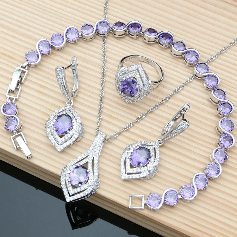 925 Silver Jewelry Natural Purple Amethyst White Topaz Jewelry Sets Earrings Necklace Sets for Women Ruby Birthstone Jewellry