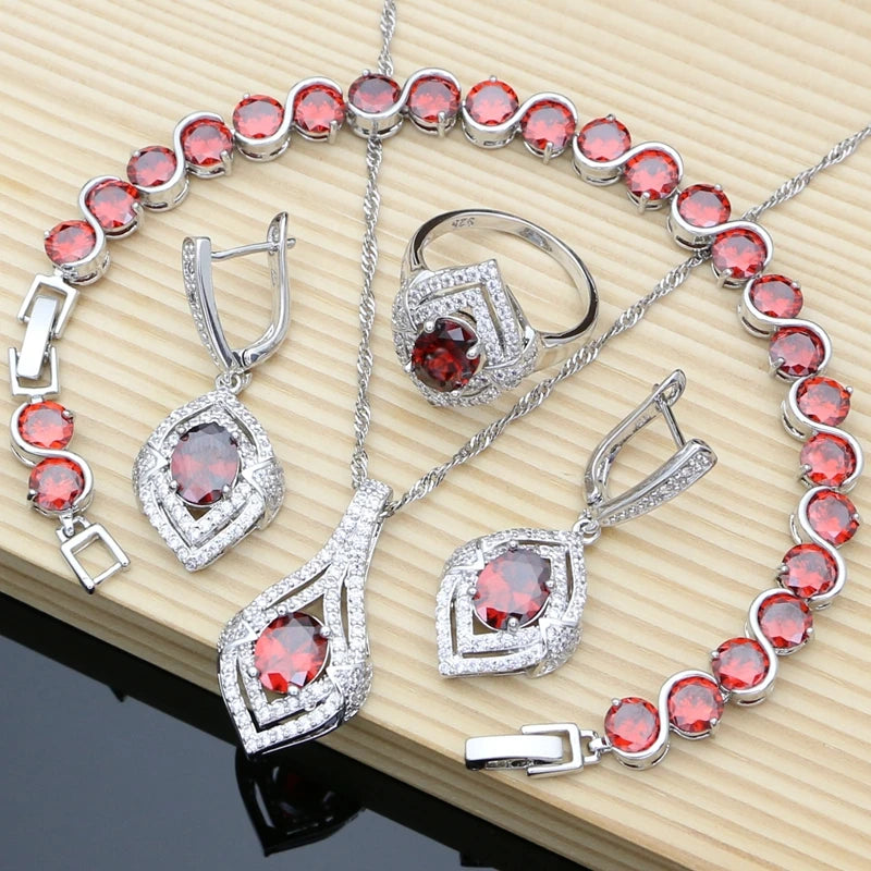 925 Silver Jewelry Natural Purple Amethyst White Topaz Jewelry Sets Earrings Necklace Sets for Women Ruby Birthstone Jewellry