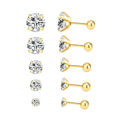 LUXUKISSKIDS 2pcs Crystal Round Stud Earrings Clearly Cubic Zircon Woman/Man Stainless Steel 4 Prong Tragus Cartilage Piercing