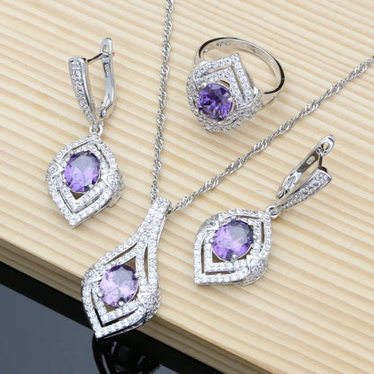 925 Silver Jewelry Natural Purple Amethyst White Topaz Jewelry Sets Earrings Necklace Sets for Women Ruby Birthstone Jewellry