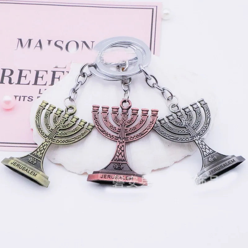 Vintage Metal Candlestick Keychains Judaism Menorah Trinket Jewelry Jerusalem Gift