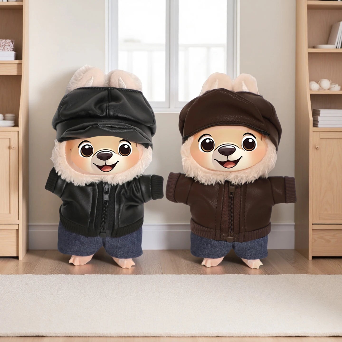 For 17cm Labubu Girl Dolls Black Leather Jacket + Jeans +Hat Clothes Suit Cute Punk Clothing For V1 V2 V3 Labubu,Cotton Doll Toy
