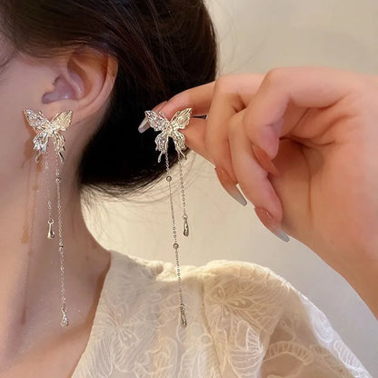 Fashion Zircon Pearl Tassel Earrings for Women 2024 New Liquid Metal Long Chain Elf Butterfly Statement Earrings Party Jewelry