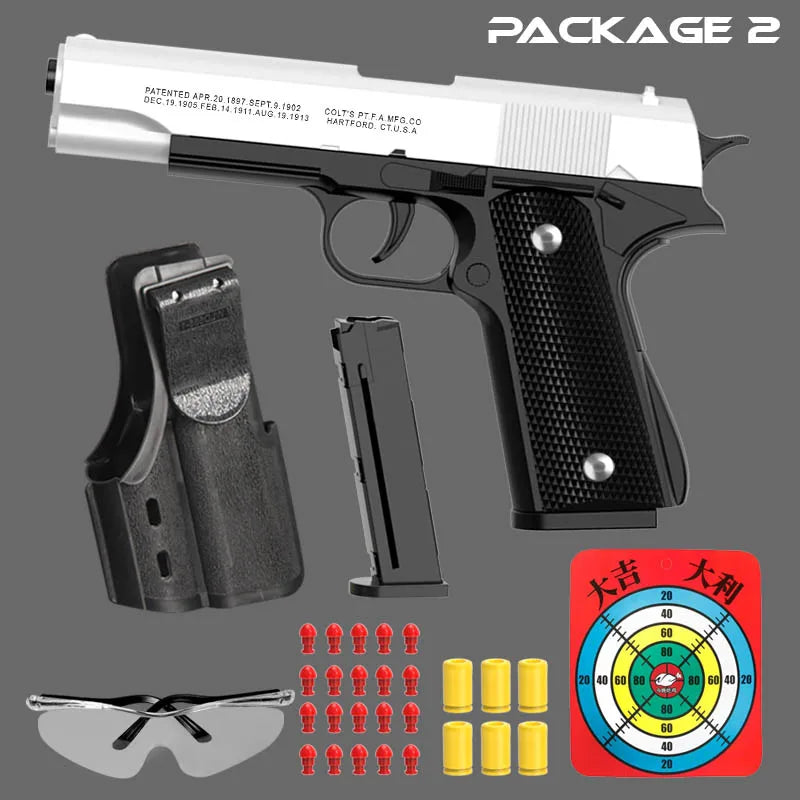 Black M1911 Colt Toy Gunman Gun, Soft Bullet Shell, Catapult Blaster, Manual Air Gun Launcher, Boys Shooting Game 14+y