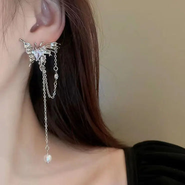 Fashion Zircon Pearl Tassel Earrings for Women 2024 New Liquid Metal Long Chain Elf Butterfly Statement Earrings Party Jewelry