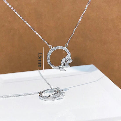 Fashion 925 Silver Stamp Women's Necklace Circle Leaves Pendant Women's Jewelry Wedding Bridal Clavicle Chain Sweater Chain