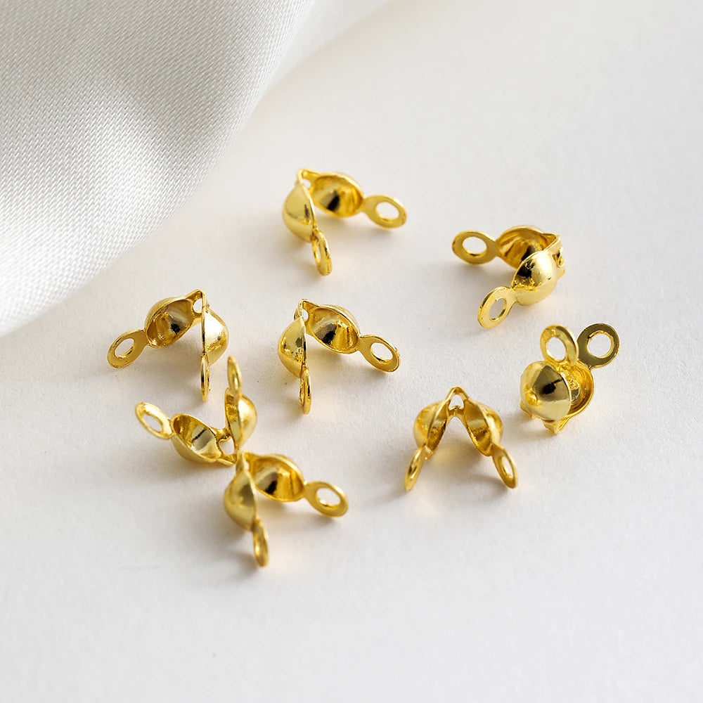 100Pcs/Lot Real Gold Plated Connector Clip Clasp Fitting Ball Chain Calotte End Crimp Bead Component for DIY Jewelry Making