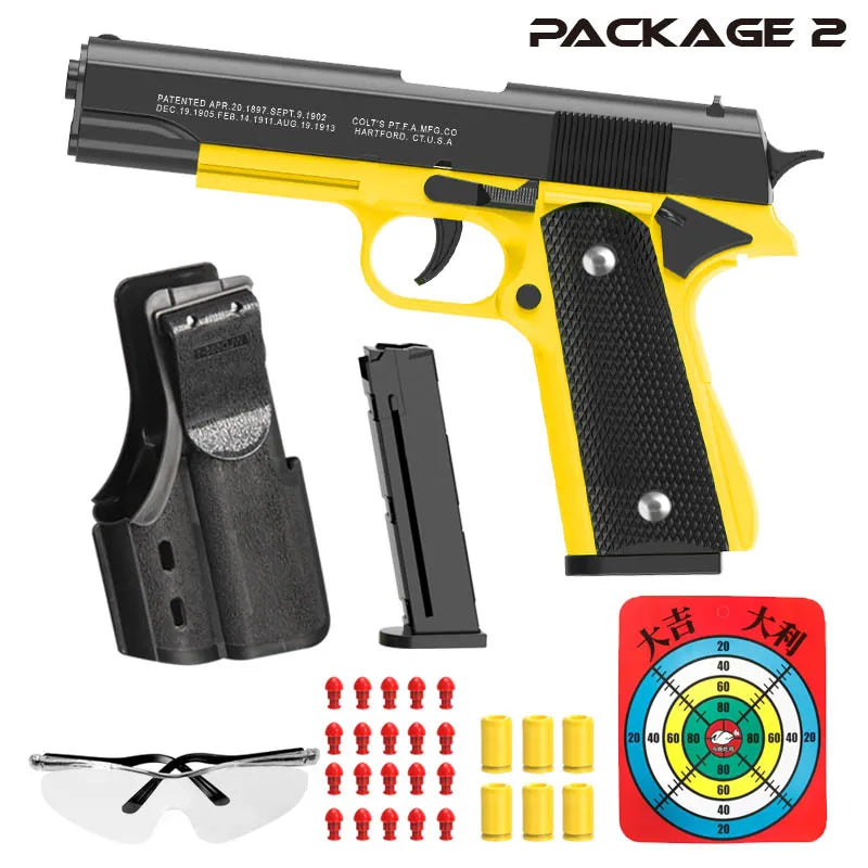 Black M1911 Colt Toy Gunman Gun, Soft Bullet Shell, Catapult Blaster, Manual Air Gun Launcher, Boys Shooting Game 14+y
