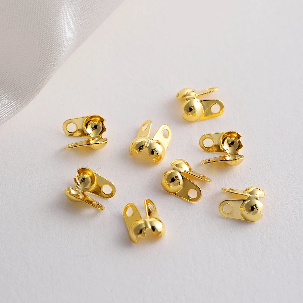 100Pcs/Lot Real Gold Plated Connector Clip Clasp Fitting Ball Chain Calotte End Crimp Bead Component for DIY Jewelry Making