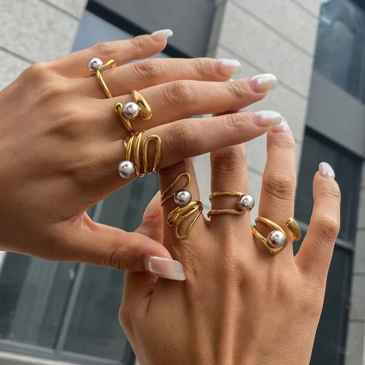 1PC fashion hollow irregular stainless steel ring, embellished with steel beads, stackable ring, suitable for daily casual wear