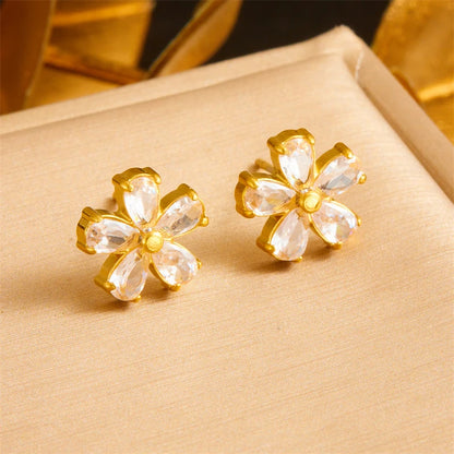 DIEYURO 316L Stainless Minimalist Rhinestone Daisy Necklace Earrings Bracelet Suit Women Trend Non-fading Flowers Jewelry Set
