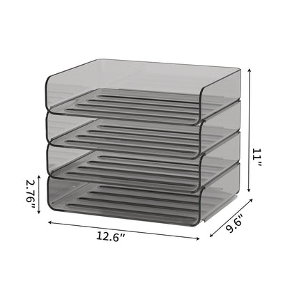 4-Tier Stackable Paper Tray Organizer for Desk with Detachable Hanging Pen Cup - Durable PET Desktop Paper Organizer Brown