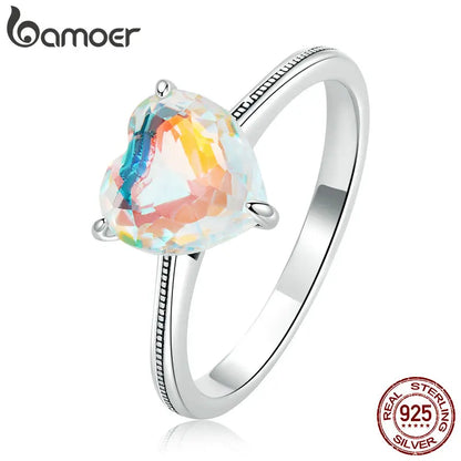 Bamoer Genuine 925 Sterling Silver Sparkling Heart Ring for Women Eternity Band Simple Silver Ring Fine Jewelry Engagement Gift