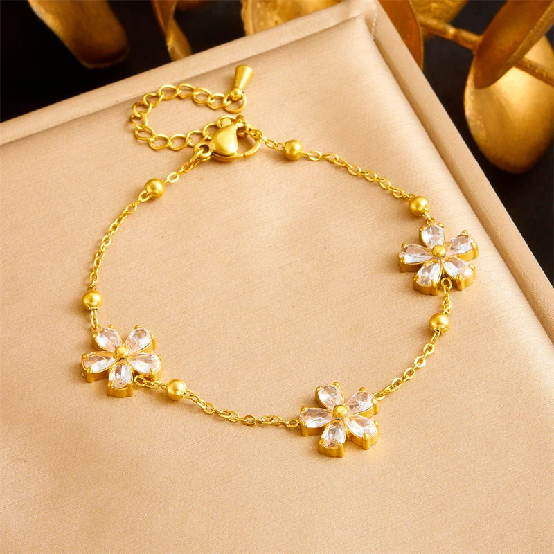 DIEYURO 316L Stainless Minimalist Rhinestone Daisy Necklace Earrings Bracelet Suit Women Trend Non-fading Flowers Jewelry Set