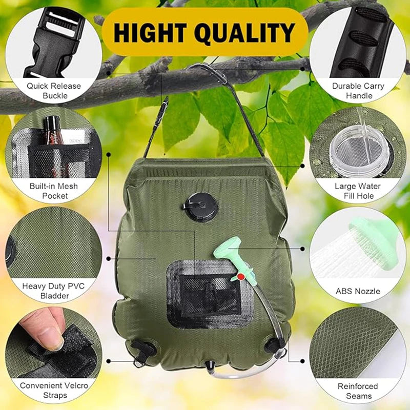 Solar Shower Bag | 20L Solar Heating Camping Shower Bag | Removable Hose | On-Off Switchable Shower Head | Ducha Portatil | Trav