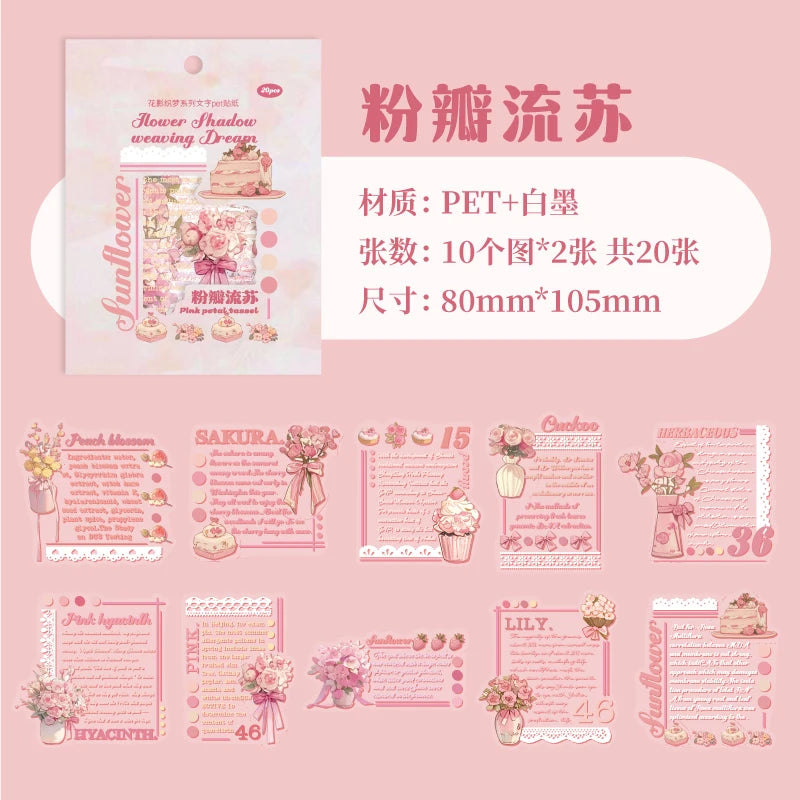 20 pcs/pack INS English Text Flowers Material Collage PET Sticker Creative DIY Collage Decor Junk Journal Aesthetics Stationery