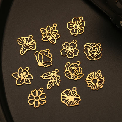 5Pcs Stainless Steel Birth Month Flower Charms Birthday Flower Dangles Plant Floral Pendant DIY Necklace Earrings Jewelry Making