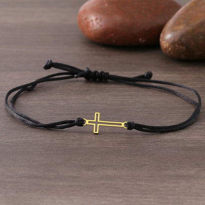 Stainless Steel Bracelets Gothic Hollow Cross Hand Braided Lucky Black Red Rope Fashion Charm Bracelet For Women Jewelry Gifts