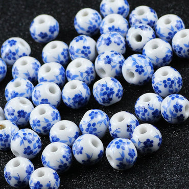 20pcs 8/10/12mm Vintage Blue And White Orchid Round Ceramic Beads For Jewelry Making DIY Bracelets Necklaces Beaded Accessories