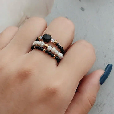 Freshwater Pearl Wedding Rings For Women Handmade Obsidian Opal Jewelry Stainless Steel Natural Stone Statement Ring