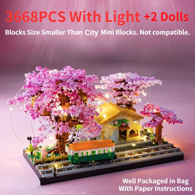 Mini Sakura Tree House Building Blocks Trains With Lights DIY Model City Street View Cherry Blossom House Bricks Kids Toys Gift