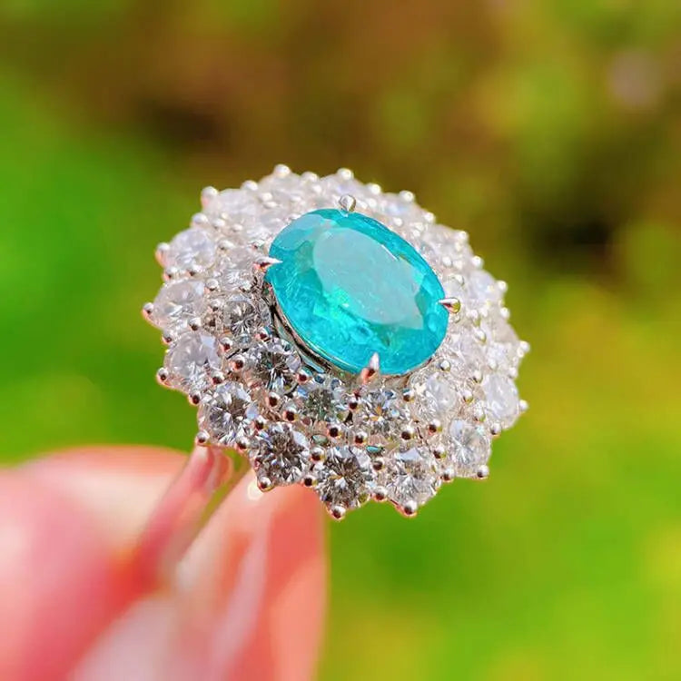 Luxurious Paraiba Sapphire Flower Oval Diamond Couple Ring For Women Geometric Zirconia S925 Silverd Anniversary Gift Jewelry