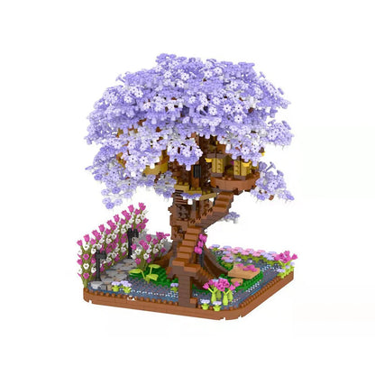 Mini Sakura Tree House Building Blocks Trains With Lights DIY Model City Street View Cherry Blossom House Bricks Kids Toys Gift