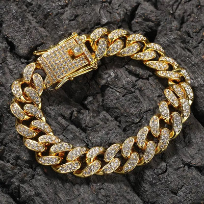 American luxury, high-quality metal Cuban chain, men's chain bracelet, 18K gold-plated, non fading, shiny zircon, party jewelry