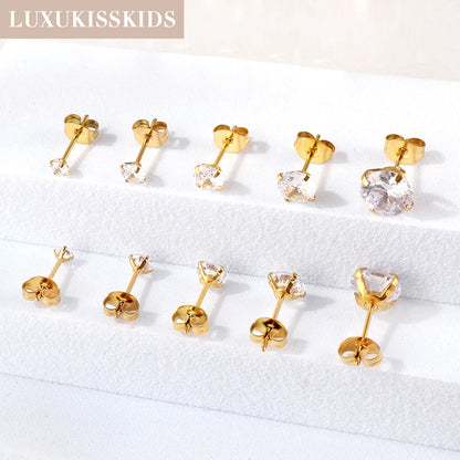 LUXUKISSKIDS 2pcs Crystal Round Stud Earrings Clearly Cubic Zircon Woman/Man Stainless Steel 4 Prong Tragus Cartilage Piercing