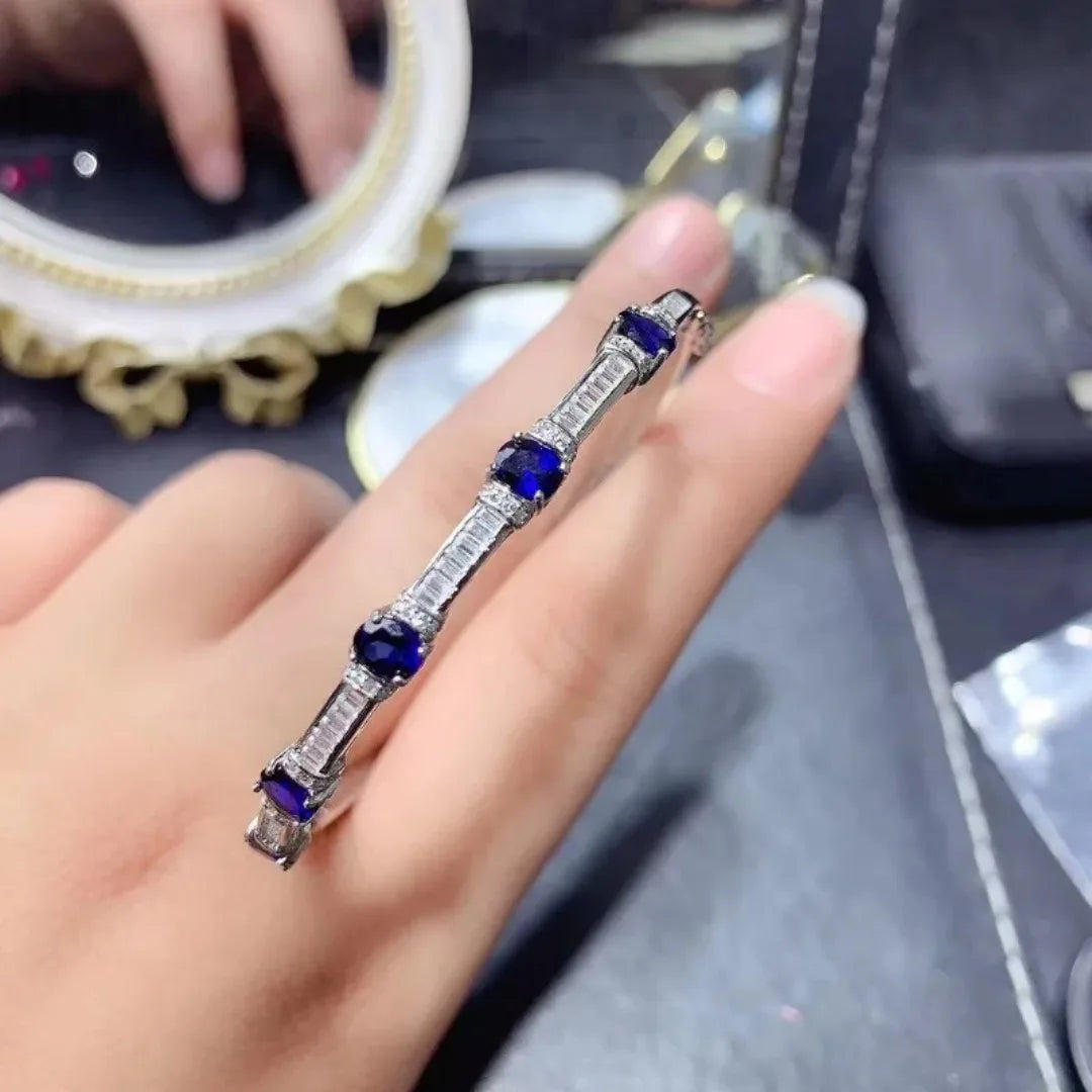 Natural Blue Sapphire Gem Bangles Natural Gemstone Bangles S925 Silver Bracelet Classic Elegant Array Women Party Fine Jewelry