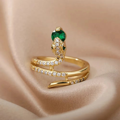 Gold Plated Stainless Steel Green Zircon Snake Rings For Women Men Open Adjustable Finger Ring Vintage Gothic Aesthetic Jewelry