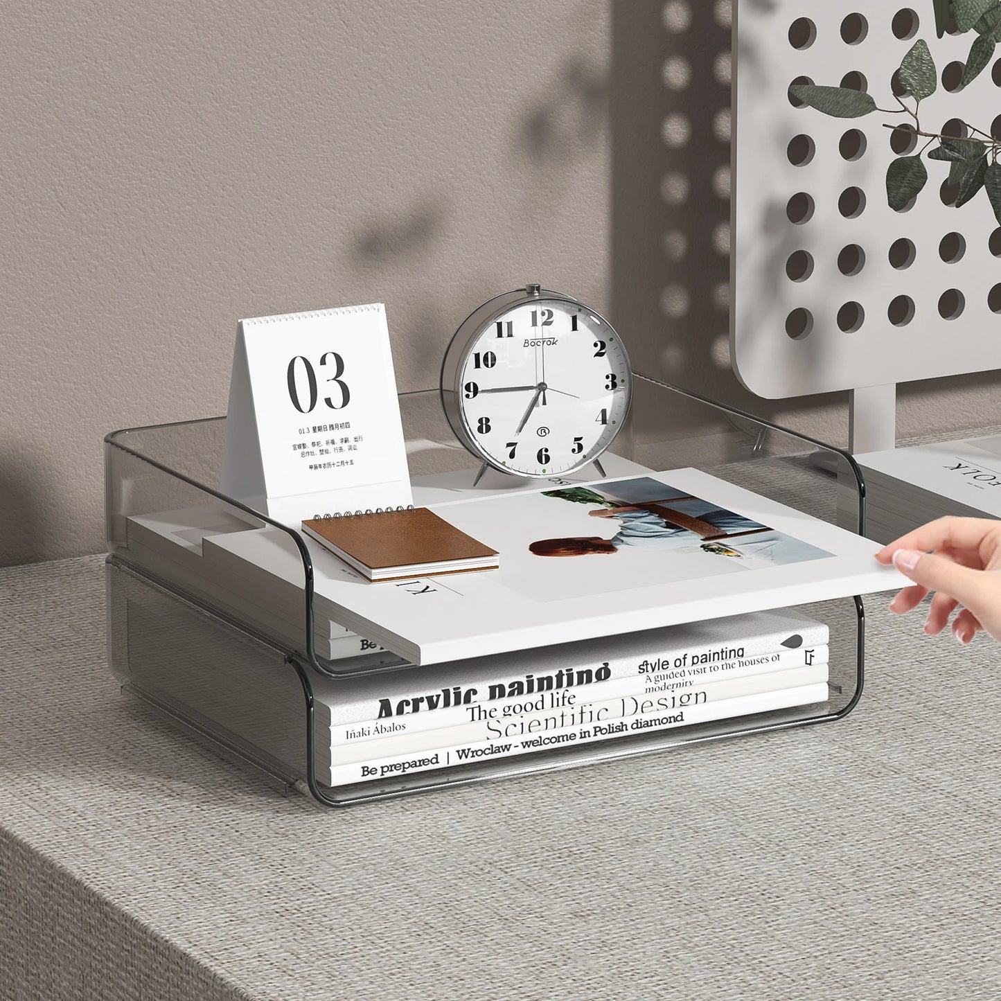 4-Tier Stackable Paper Tray Organizer for Desk with Detachable Hanging Pen Cup - Durable PET Desktop Paper Organizer Brown