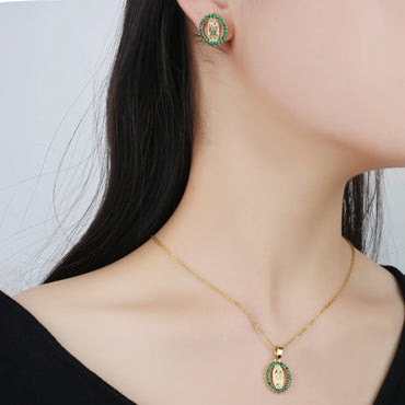 Classic Anti-Allergic Maria Pendant Necklace Set High Quality Zirconia 18K Gold Plated Stud Earrings Women Girls Religious Gifts